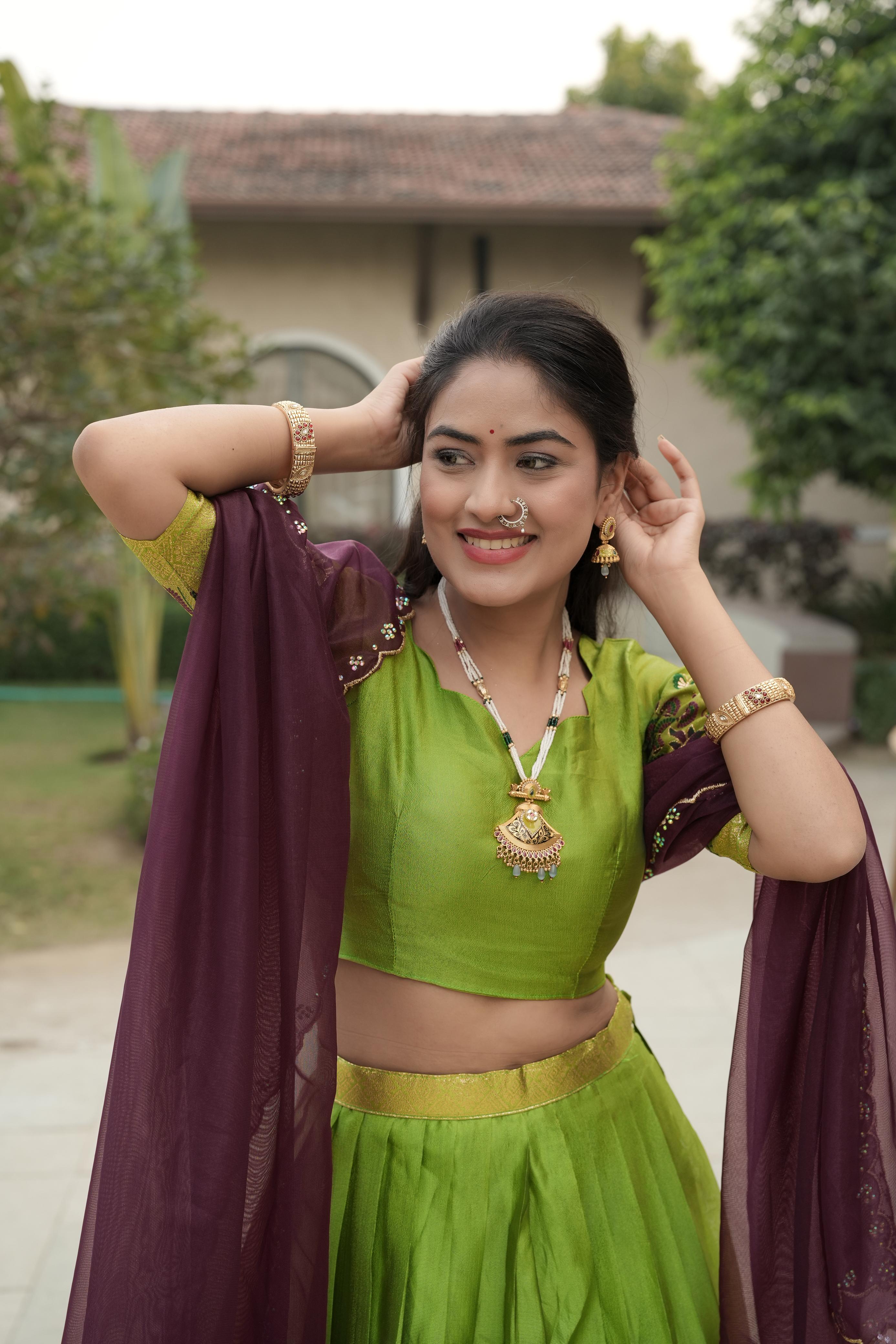 Lime Green Shimmer Lehenga Choli with Zari Weaving Border & Wine Purple Dupatta