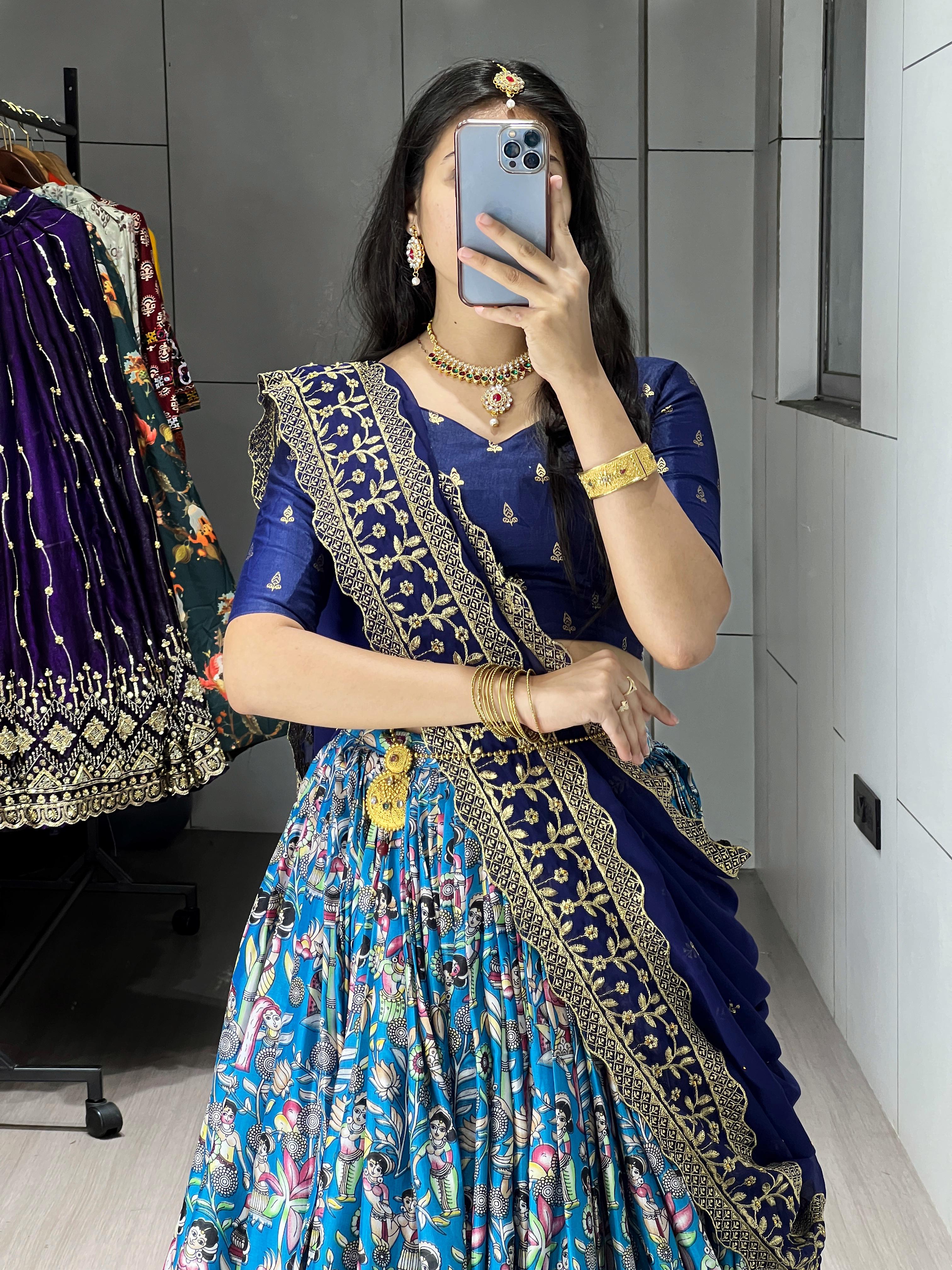 Blue Soft Dola Silk Fully Printed Lehenga Choli with Contrast Foil Work Border