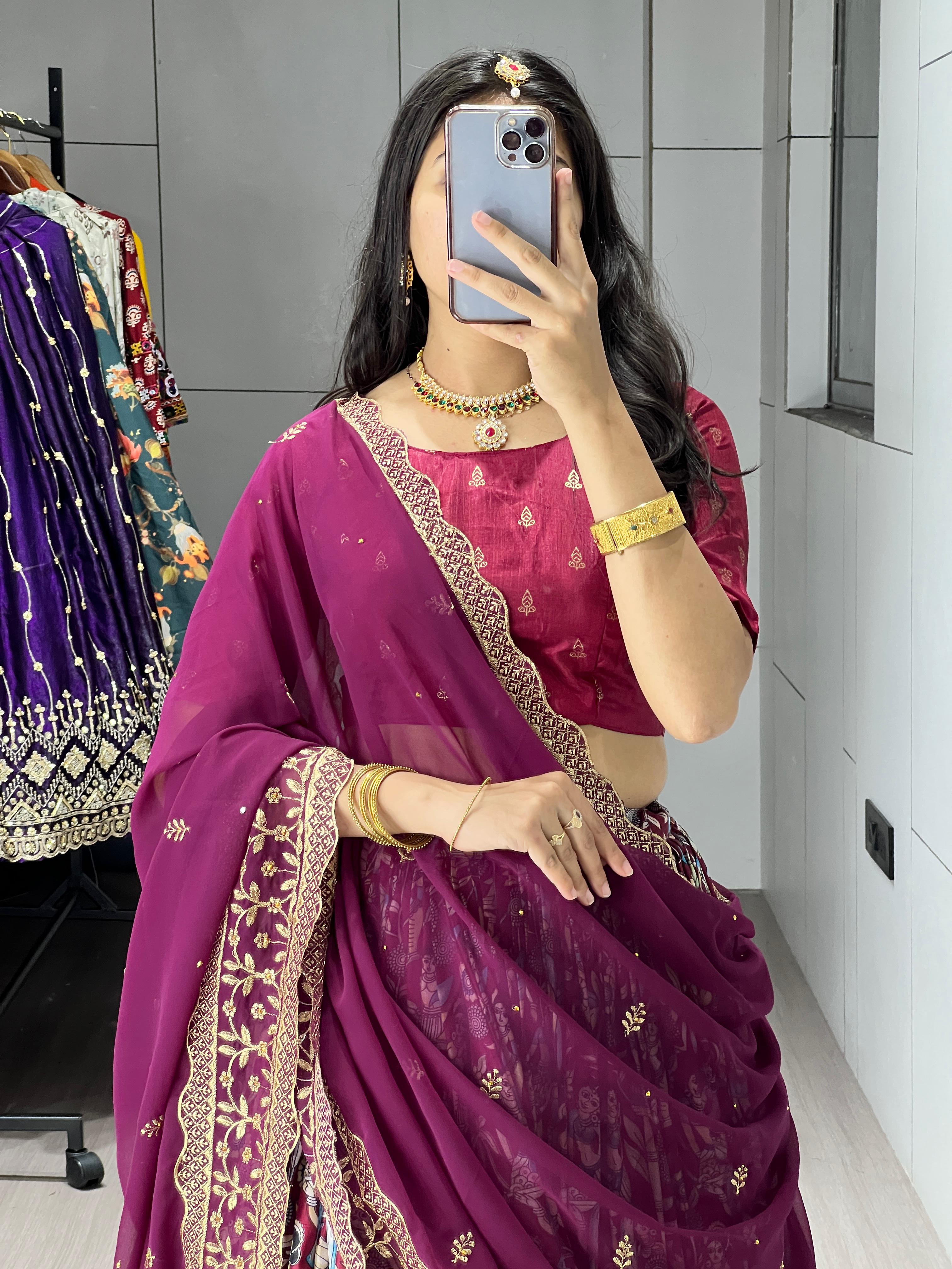 Wine Maroon Soft Dola Silk Fully Printed Lehenga Choli with Contrast Foil Work Border