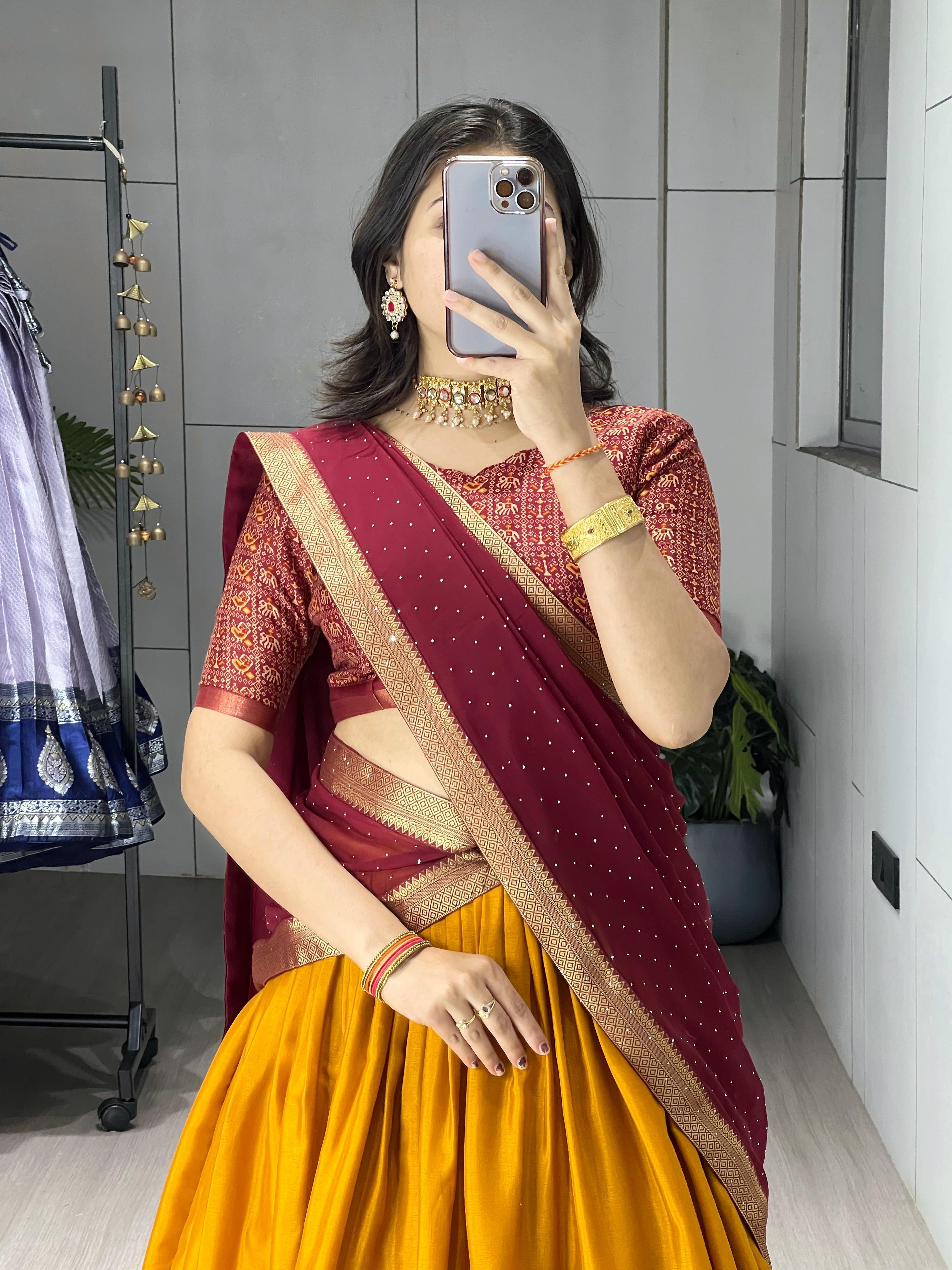 Mustard Yellow Mul Mul Cotton Half Saree with Printed & Zari Weaving Langa Voni Set