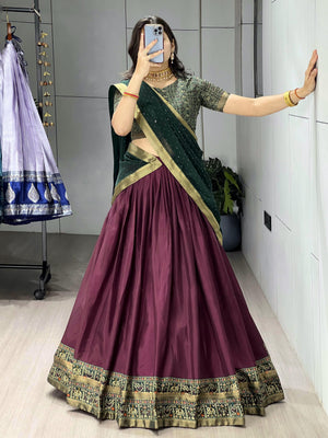 Wine Purple Mul Mul Cotton traditional half saree langa voni featuring a rich bottle green printed and zari weaving border paired with a micro-printed blouse by The Beauty Queen