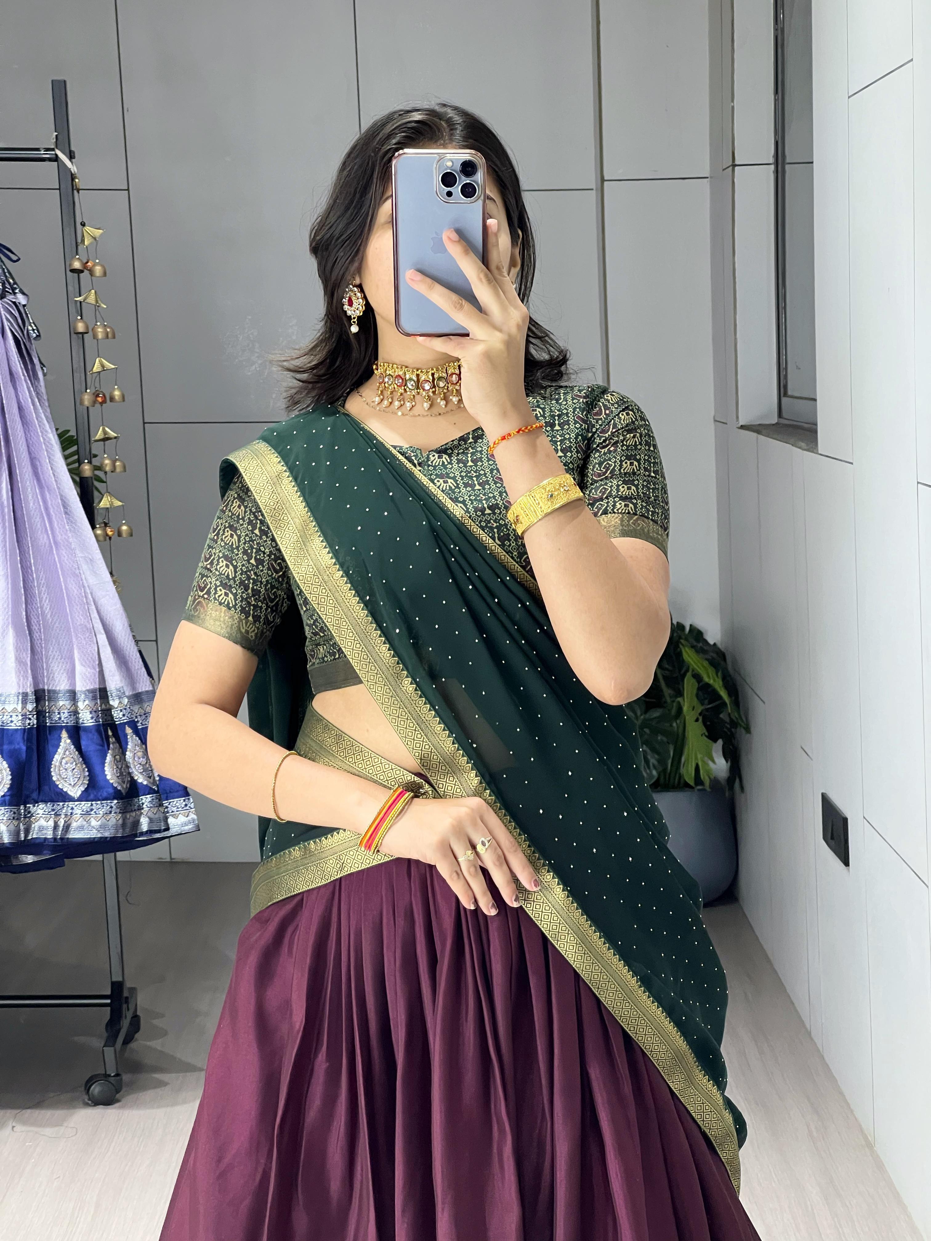 Wine Purple Mul Mul Cotton Half Saree with Printed & Zari Weaving Langa Voni Set