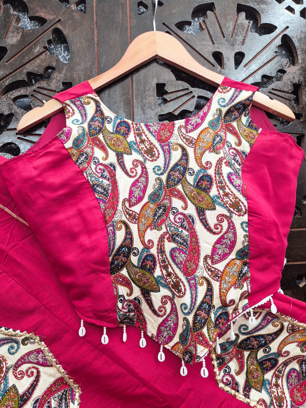 Rani Pink Pure Roman Silk Lehenga With Printed Paisley Patches & Lace Work