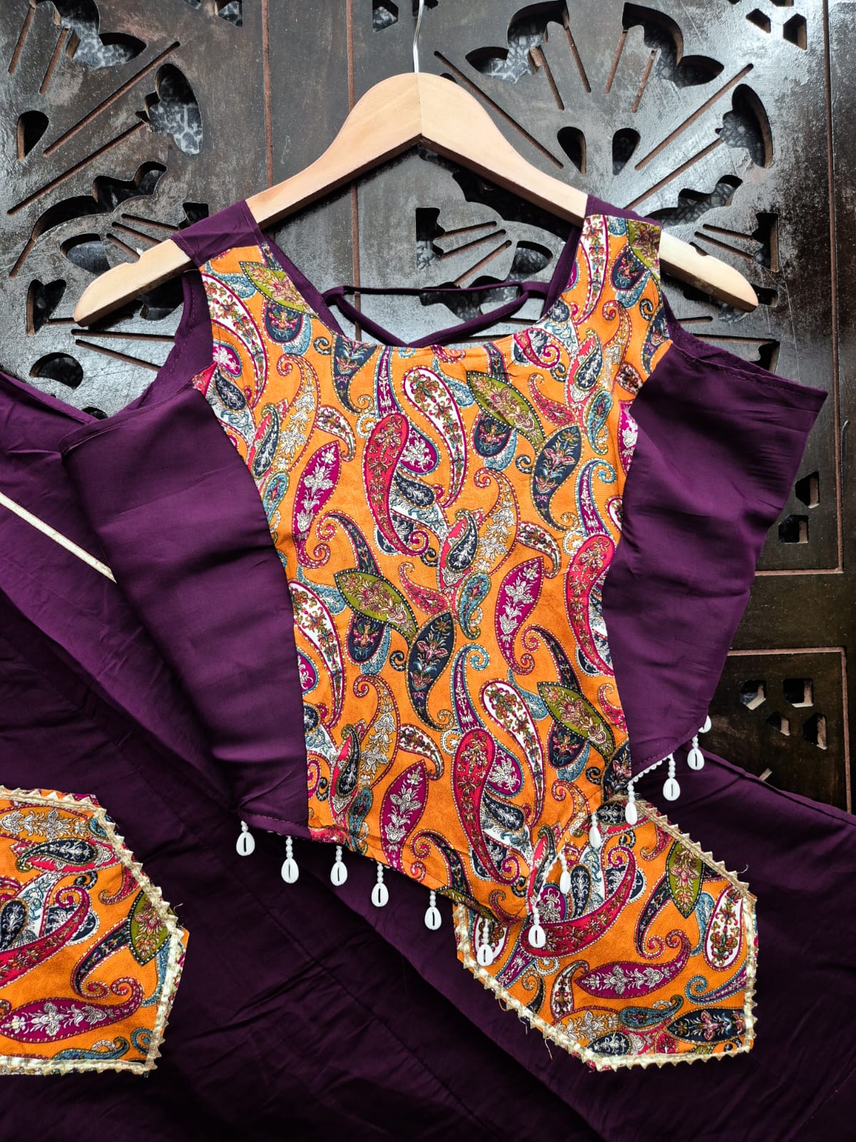 Purple Pure Roman Silk Lehenga With Printed Paisley Patches & Lace Work