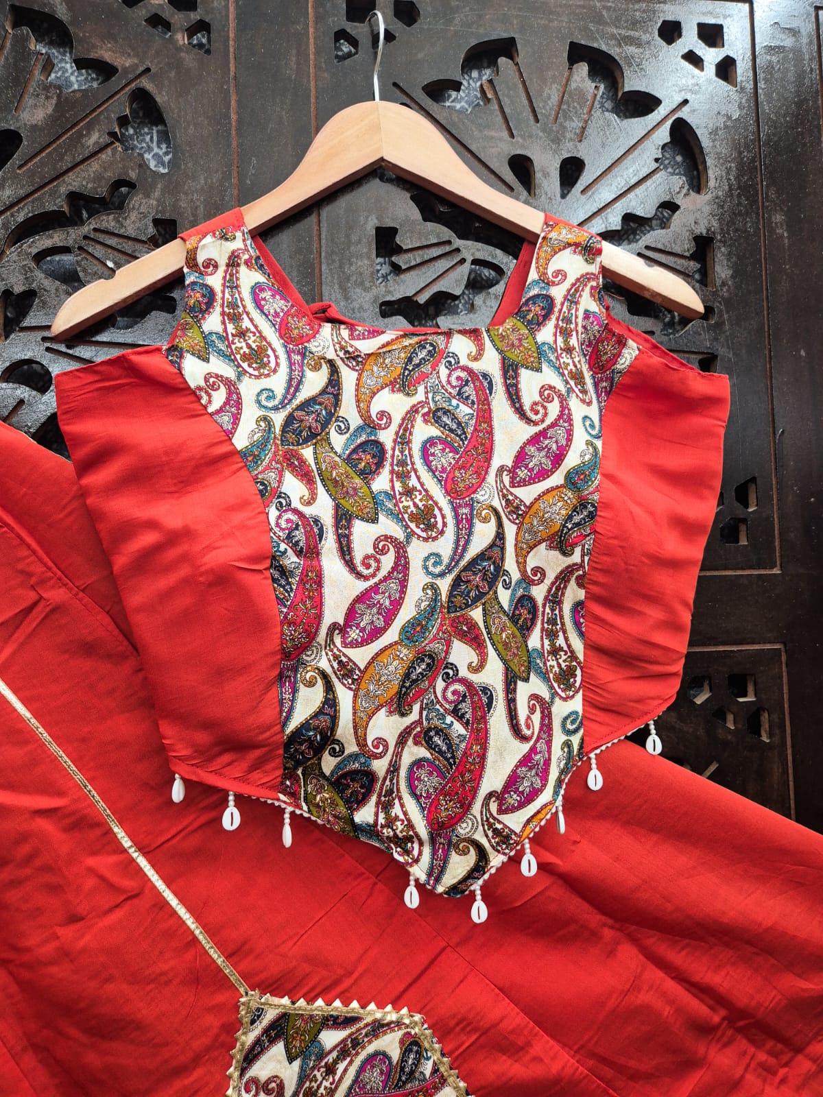 Red Pure Roman Silk Lehenga With Printed Paisley Patches & Lace Work