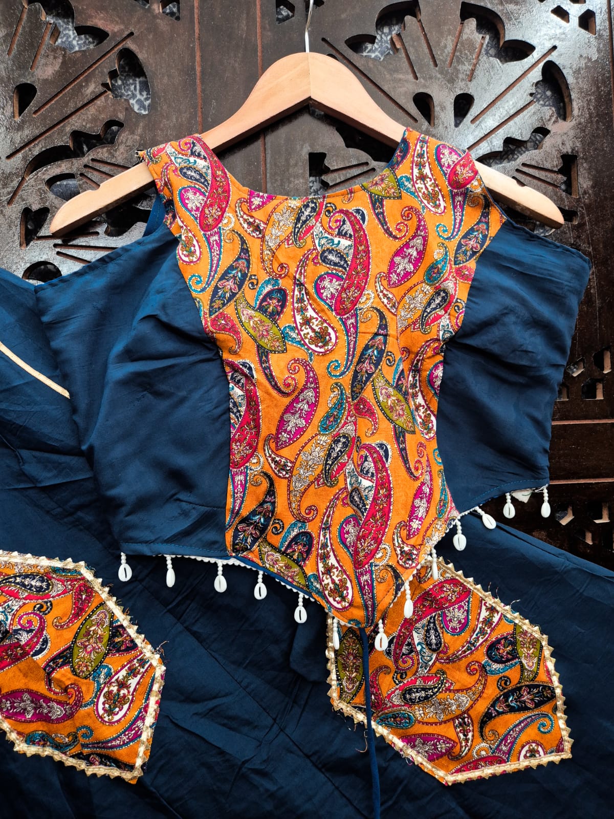 Teal Blue Pure Roman Silk Lehenga With Printed Paisley Patches & Lace Work