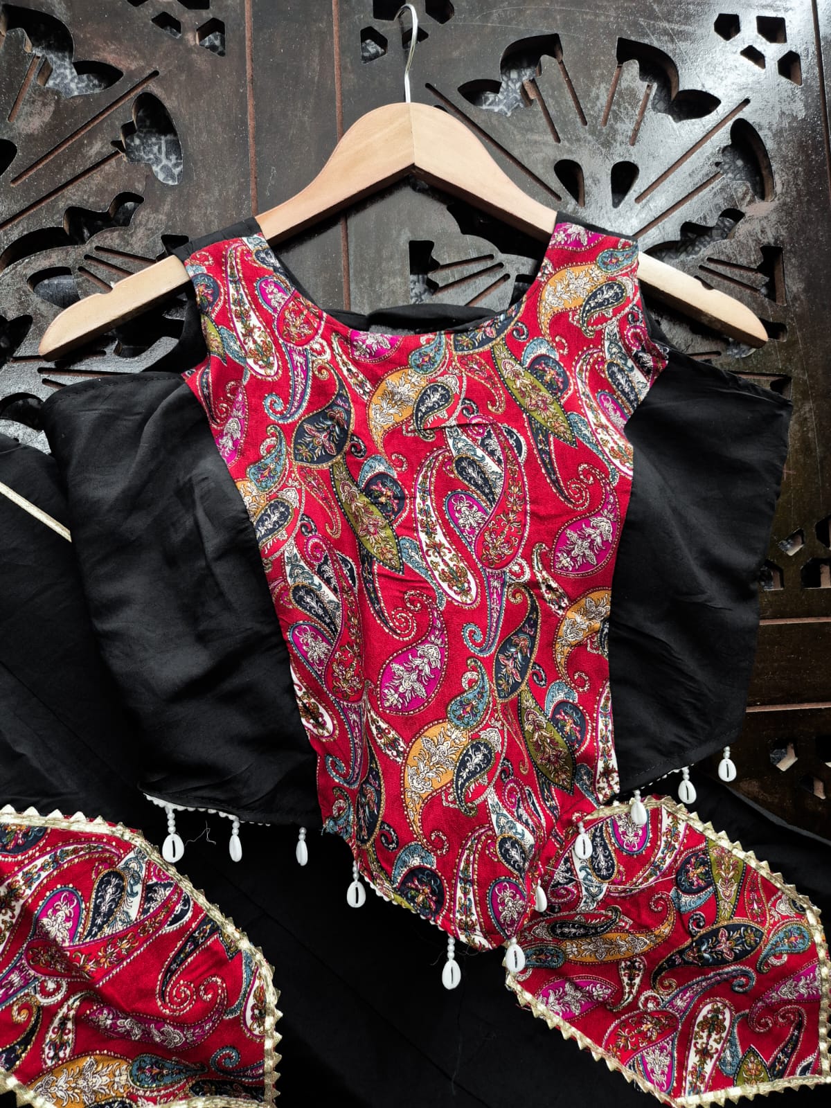 Black Pure Roman Silk Lehenga With Printed Paisley Patches & Lace Work