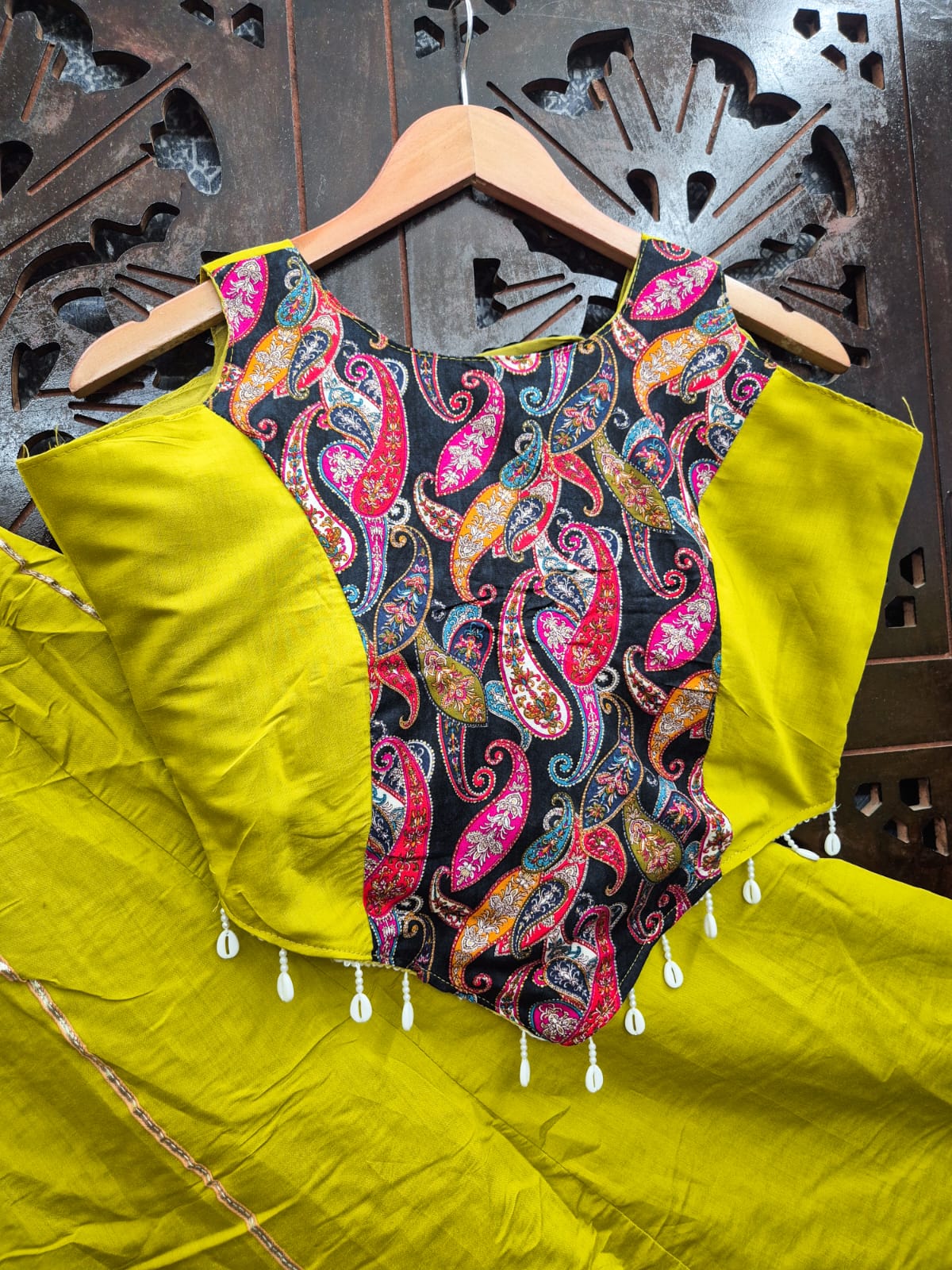 Lime Green Pure Roman Silk Lehenga With Printed Paisley Patches & Lace Work