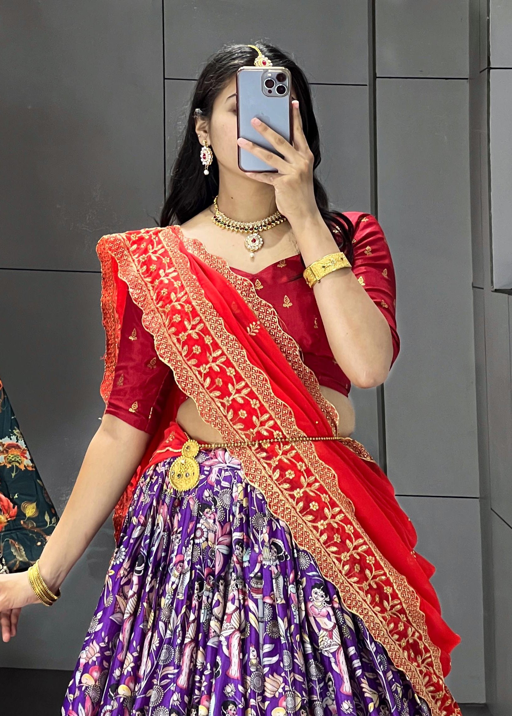Purple Soft Dola Silk Fully Printed Lehenga Choli with Contrast Red Foil Work Border