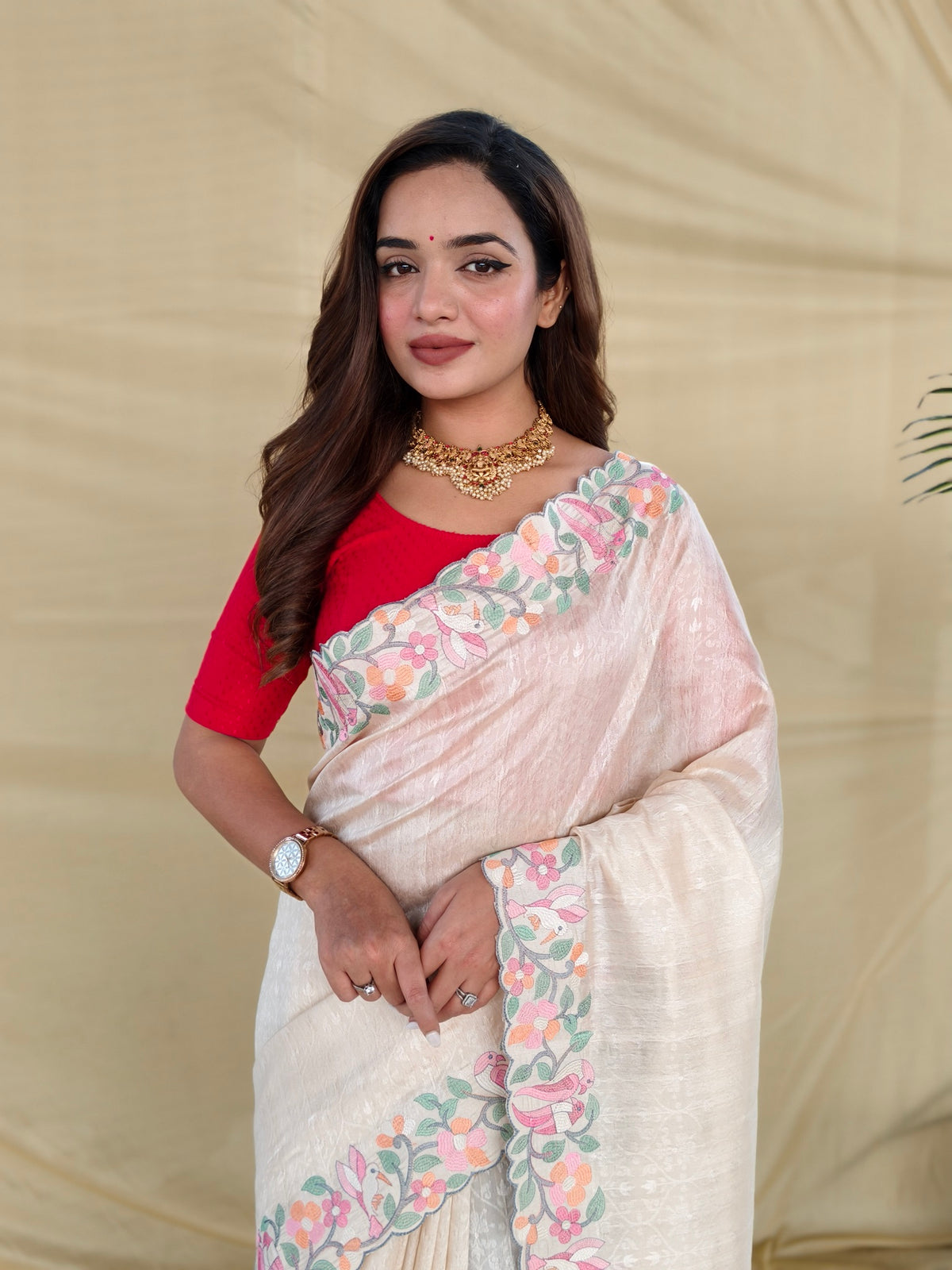 Off-White Cream Embroidered Tussar Silk Saree With Scalloped Floral Border & Unstitched Blouse Piece