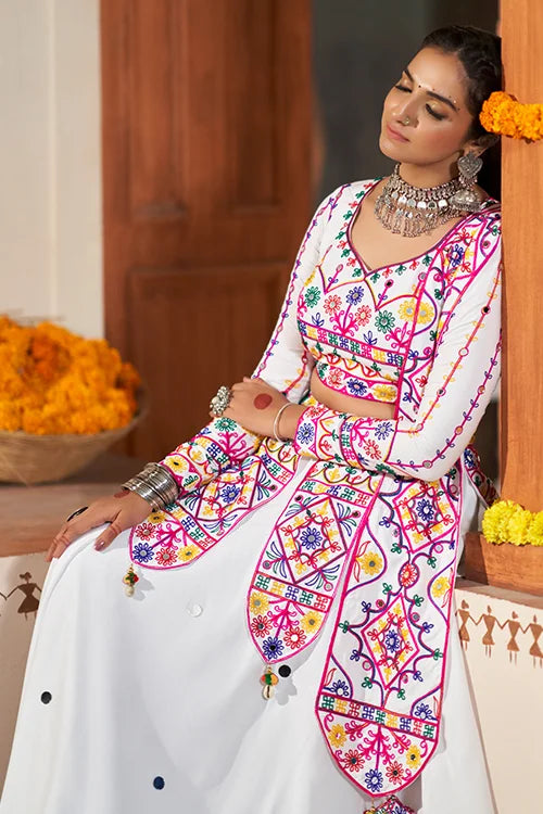 White Beautiful Work Exclusive Designer Navratri Lehenga