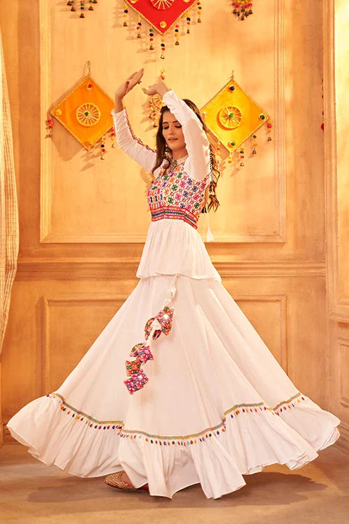 White Color Embroidered Work Designer Choli With Ghagra For Navratri Lehenga