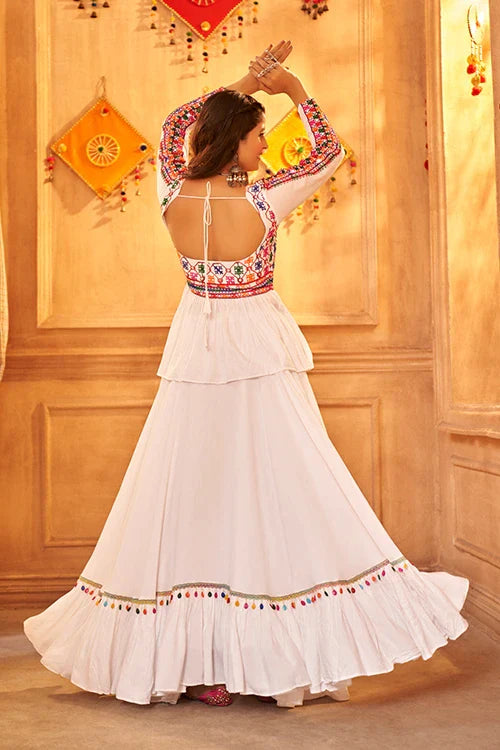 White Color Embroidered Work Designer Choli With Ghagra For Navratri Lehenga