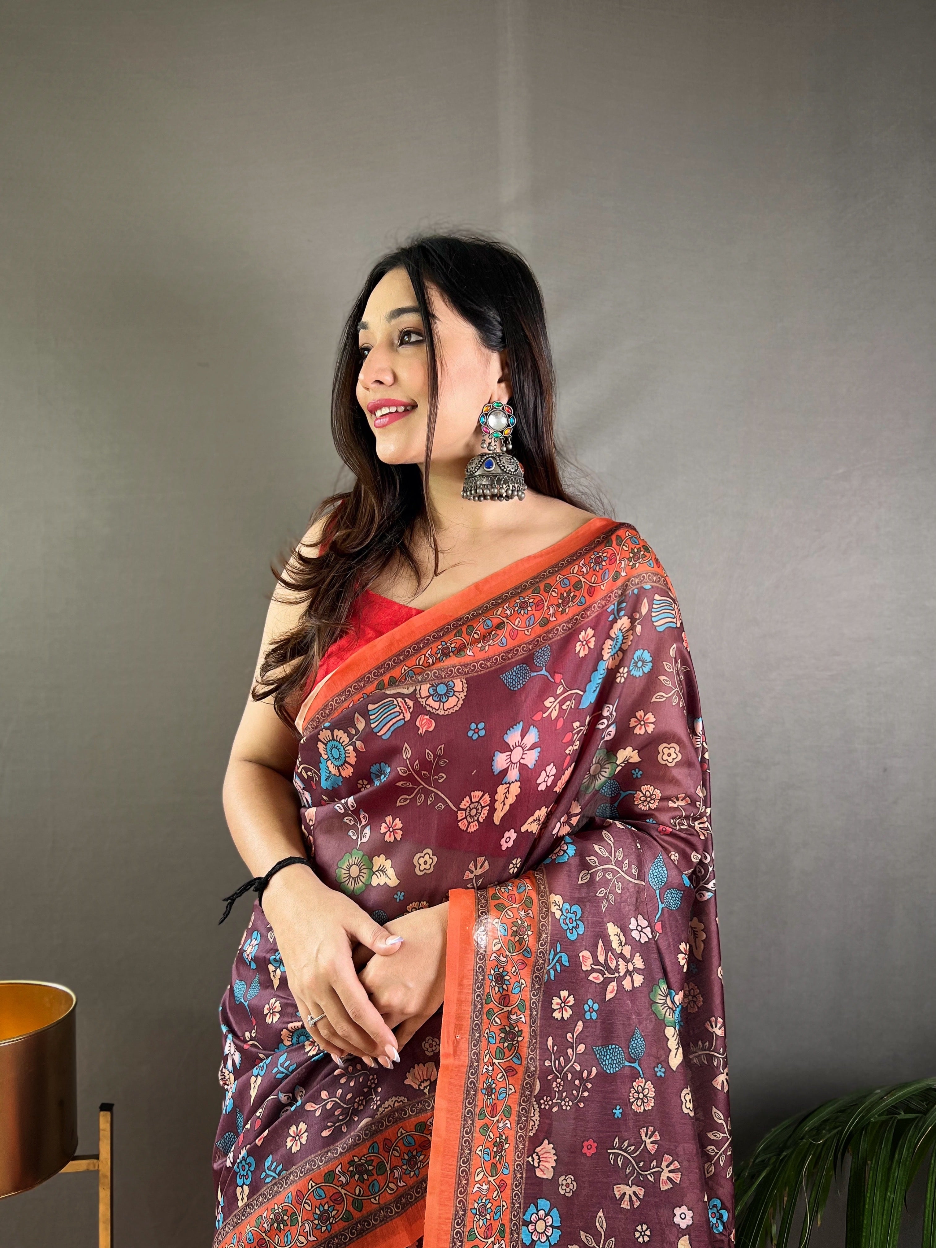 Wine Pure Malai Cotton Women Floral Print with Contrast Border Saree