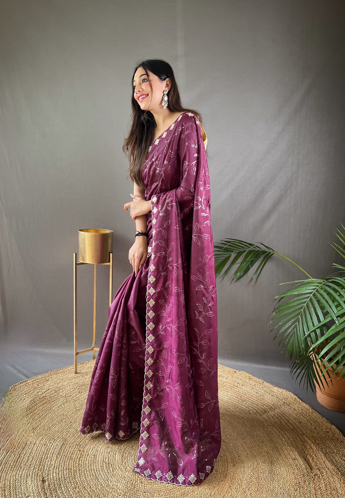 Purple Color Floral Embroidered Silk Blend Saree