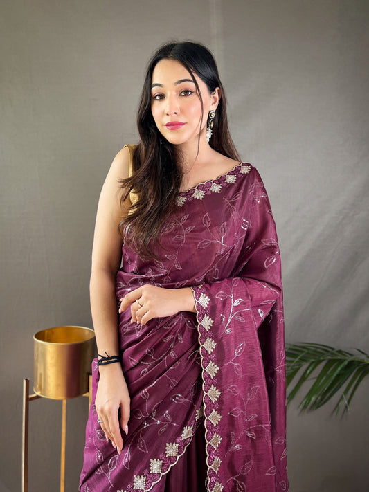 Purple Color Floral Embroidered Silk Blend Saree