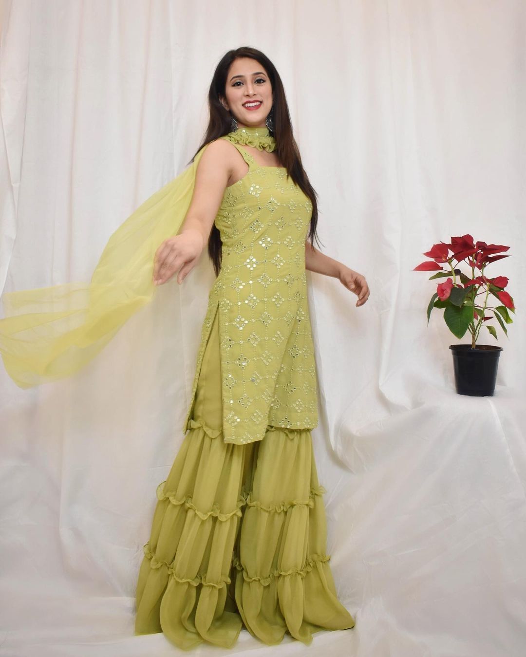 Parrot Green Colored Festive Wear Embroidered Mirror Worked Sharara Suit with Dupatta
