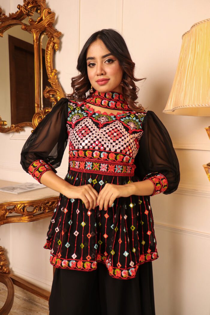 Women Black Ethnic Motifs Thread Work Kurti with Skirt & With Dupatta