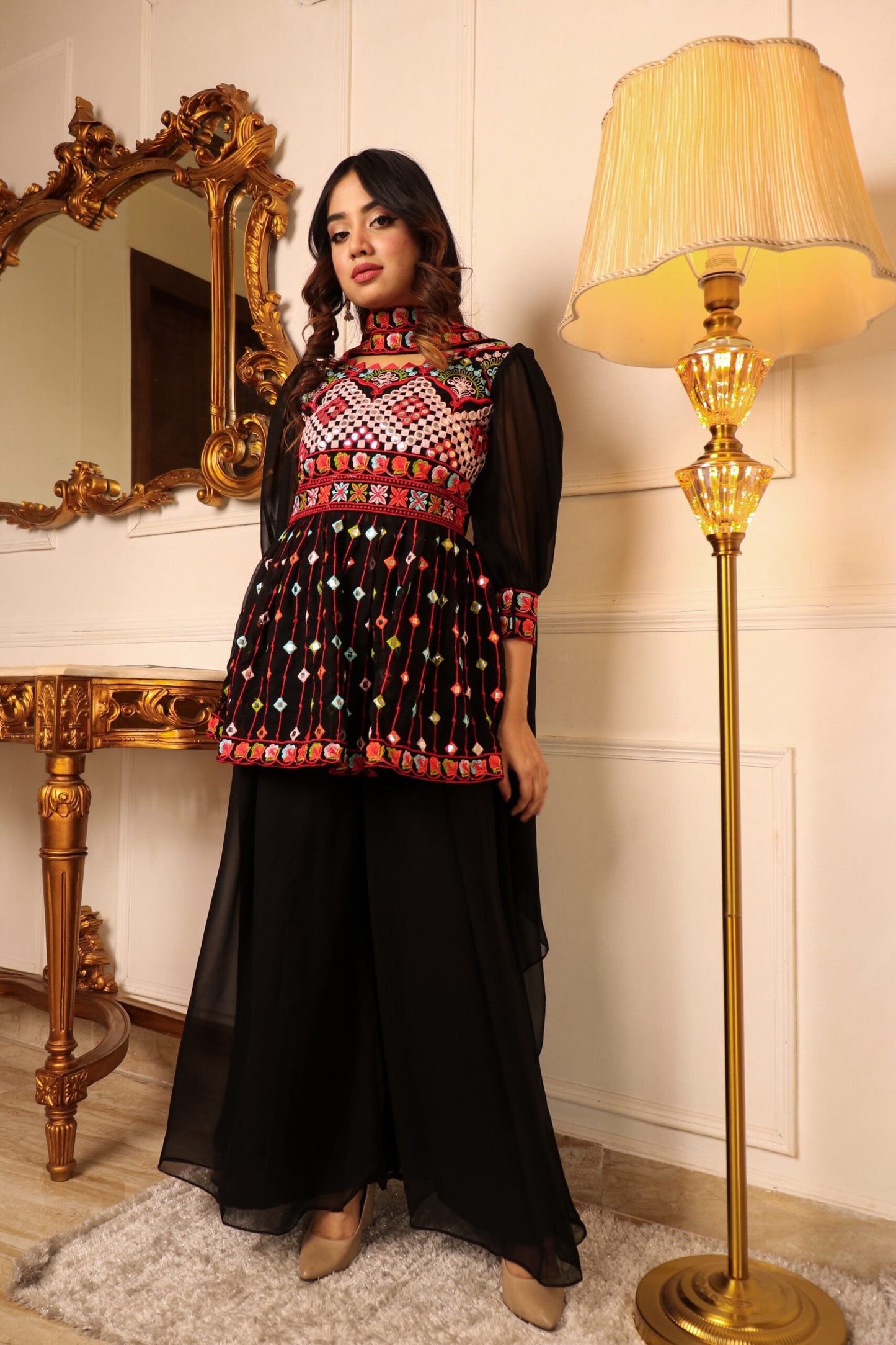 Women Black Ethnic Motifs Thread Work Kurti with Skirt & With Dupatta