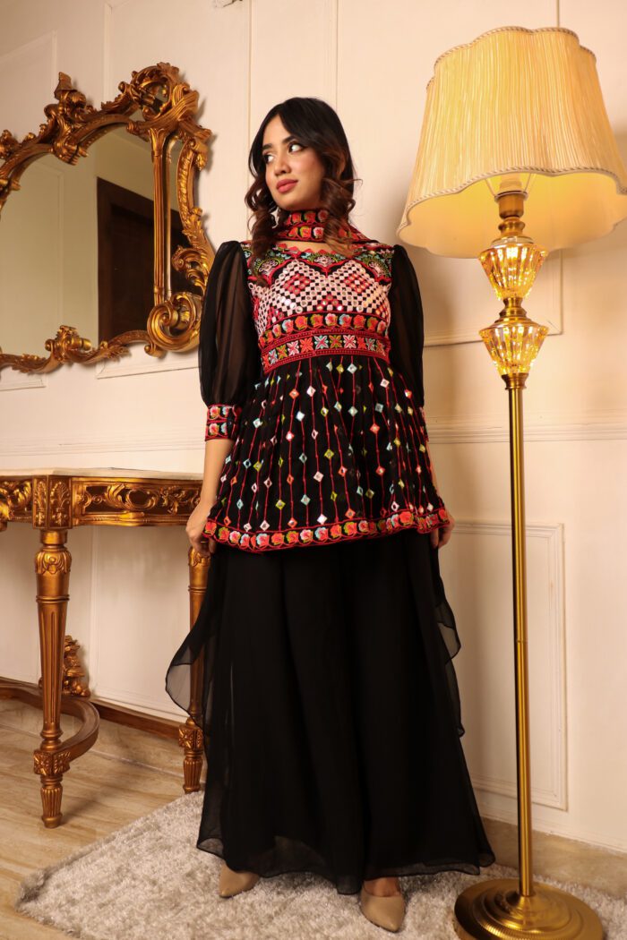 Women Black Ethnic Motifs Thread Work Kurti with Skirt & With Dupatta