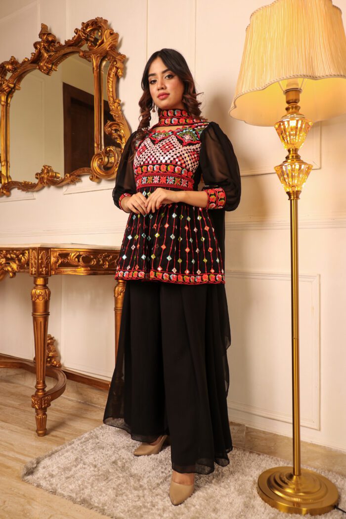 Women Black Ethnic Motifs Thread Work Kurti with Skirt & With Dupatta