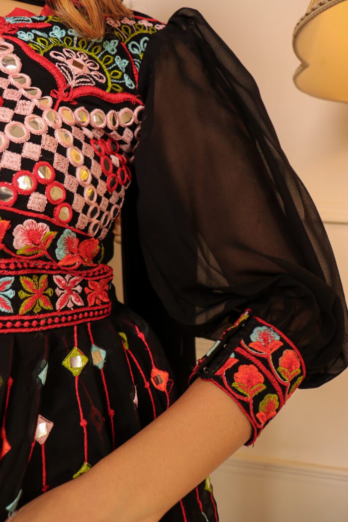 Women Black Ethnic Motifs Thread Work Kurti with Skirt & With Dupatta