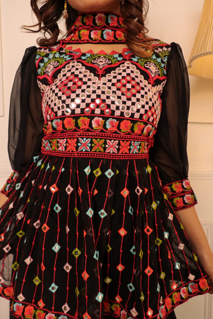 Women Black Ethnic Motifs Thread Work Kurti with Skirt & With Dupatta