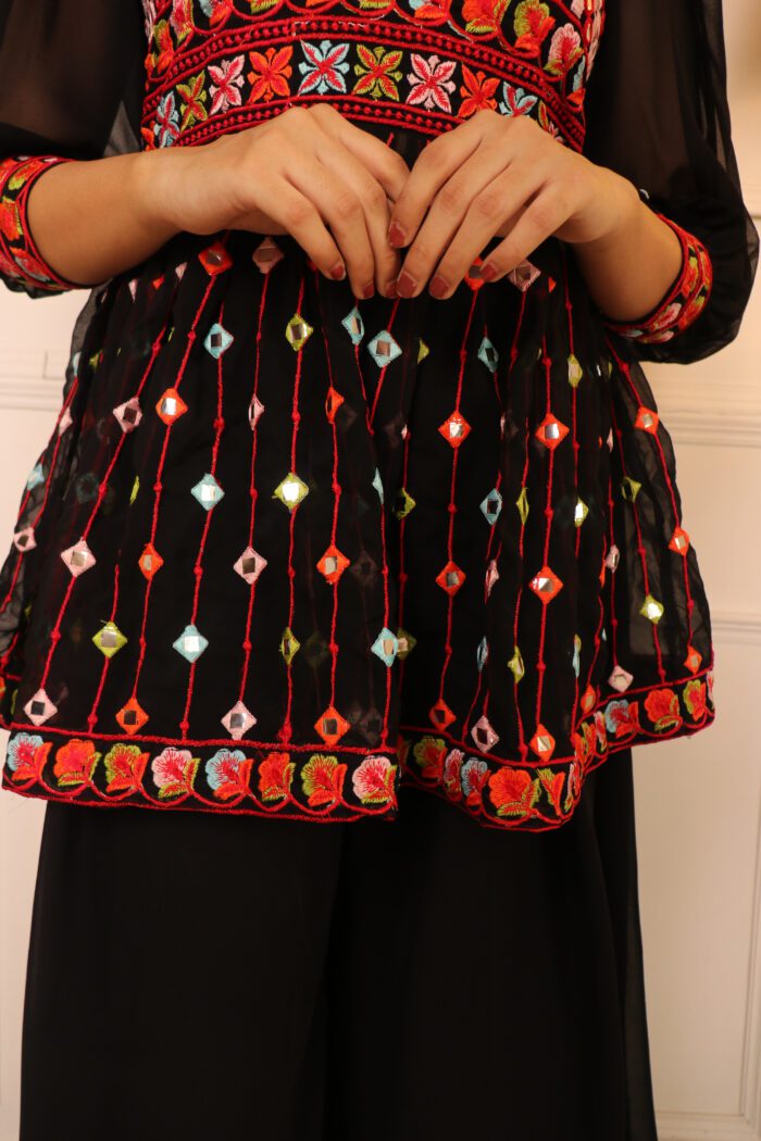 Women Black Ethnic Motifs Thread Work Kurti with Skirt & With Dupatta