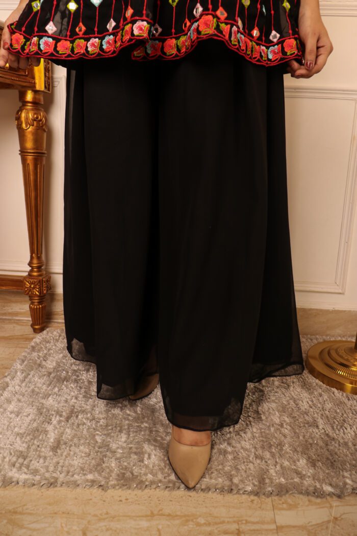 Women Black Ethnic Motifs Thread Work Kurti with Skirt & With Dupatta