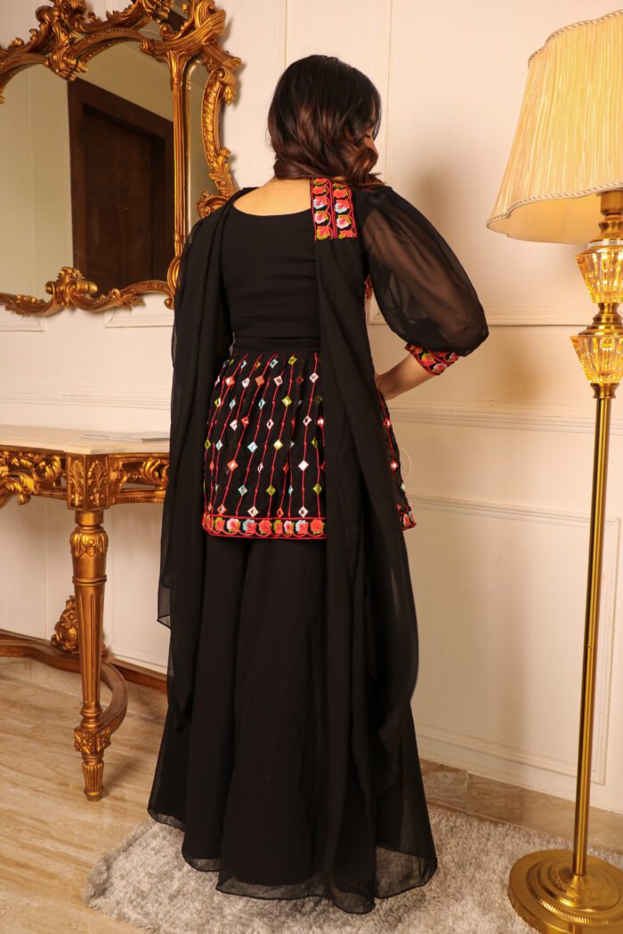 Women Black Ethnic Motifs Thread Work Kurti with Skirt & With Dupatta
