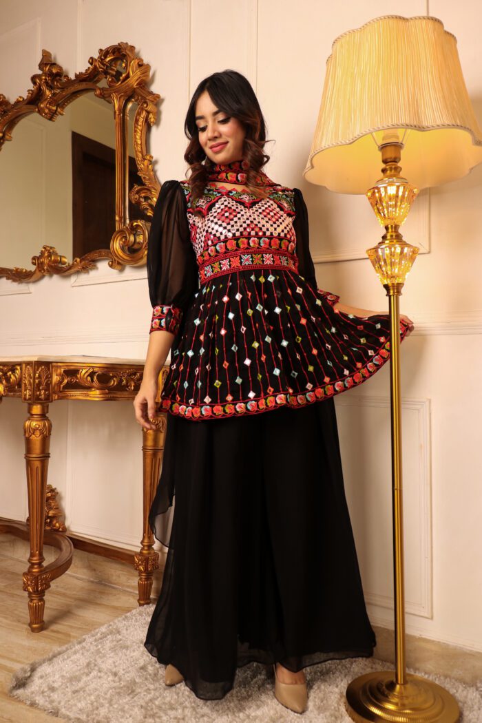 Women Black Ethnic Motifs Thread Work Kurti with Skirt & With Dupatta