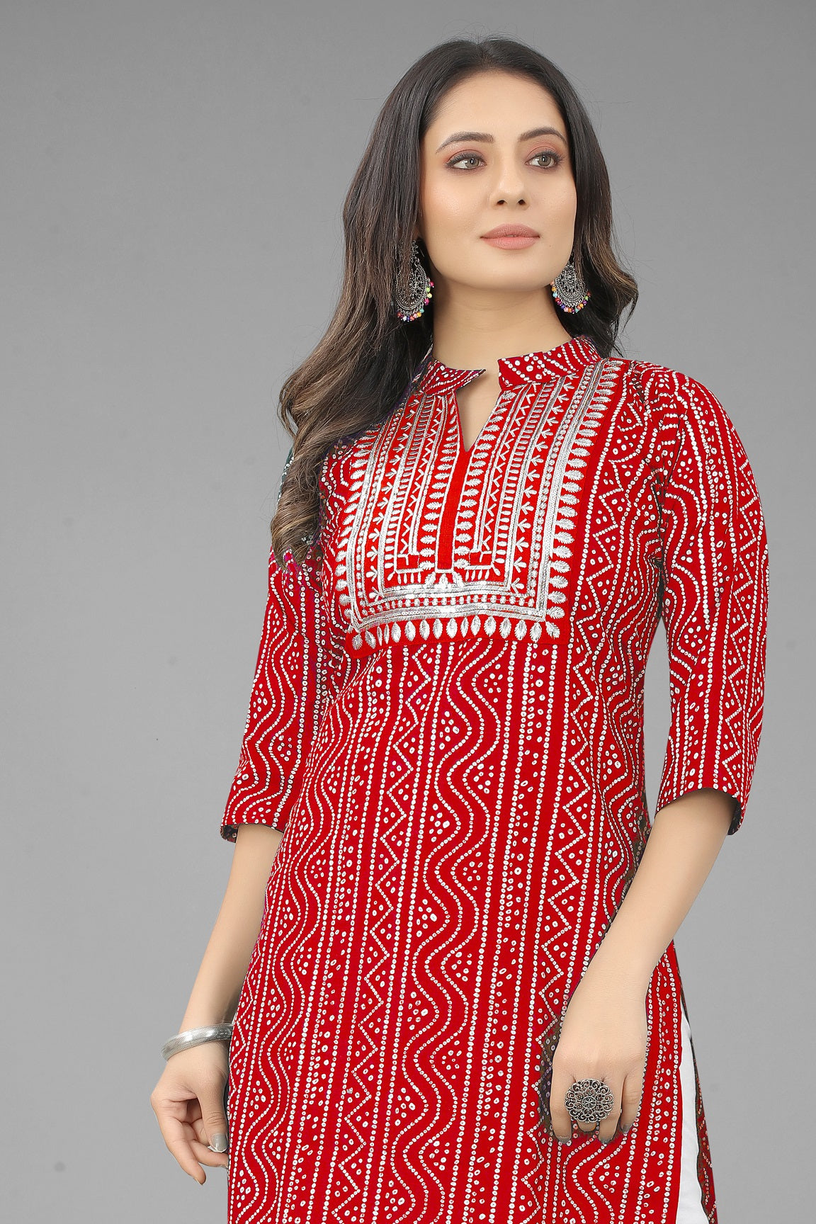Red Cotton Round Nack Embroidery Kurti