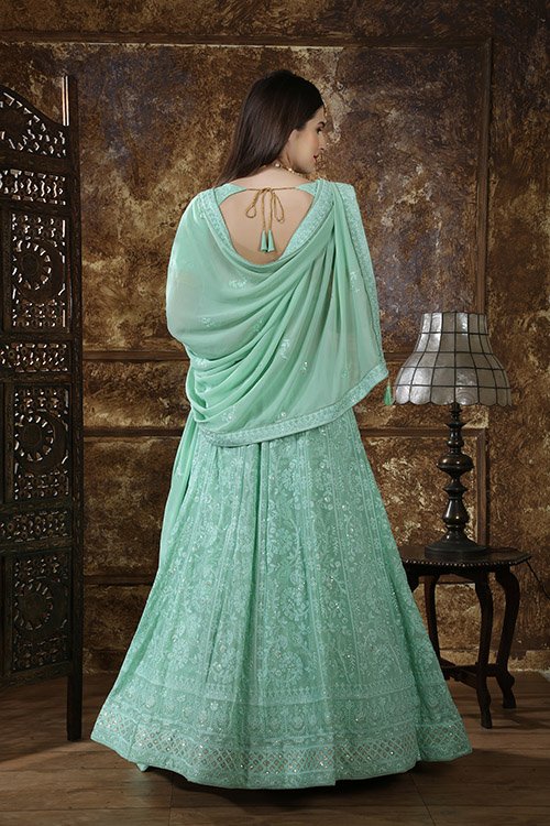 Mint Green Georgette Thread Embroidered Lehenga Choli