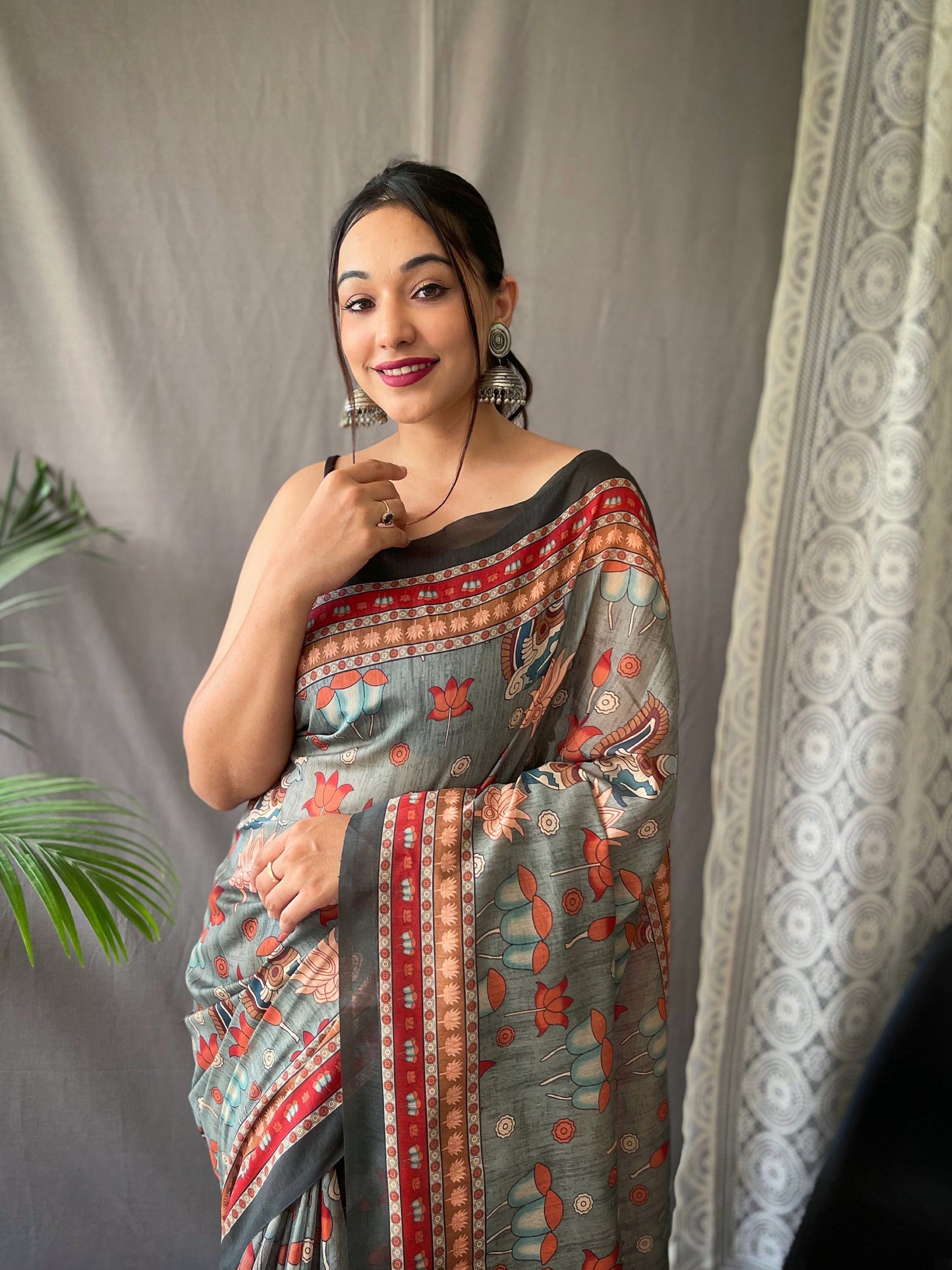 BEE GREEN KALAMKARI PRINTED COTTON SILK SAREE