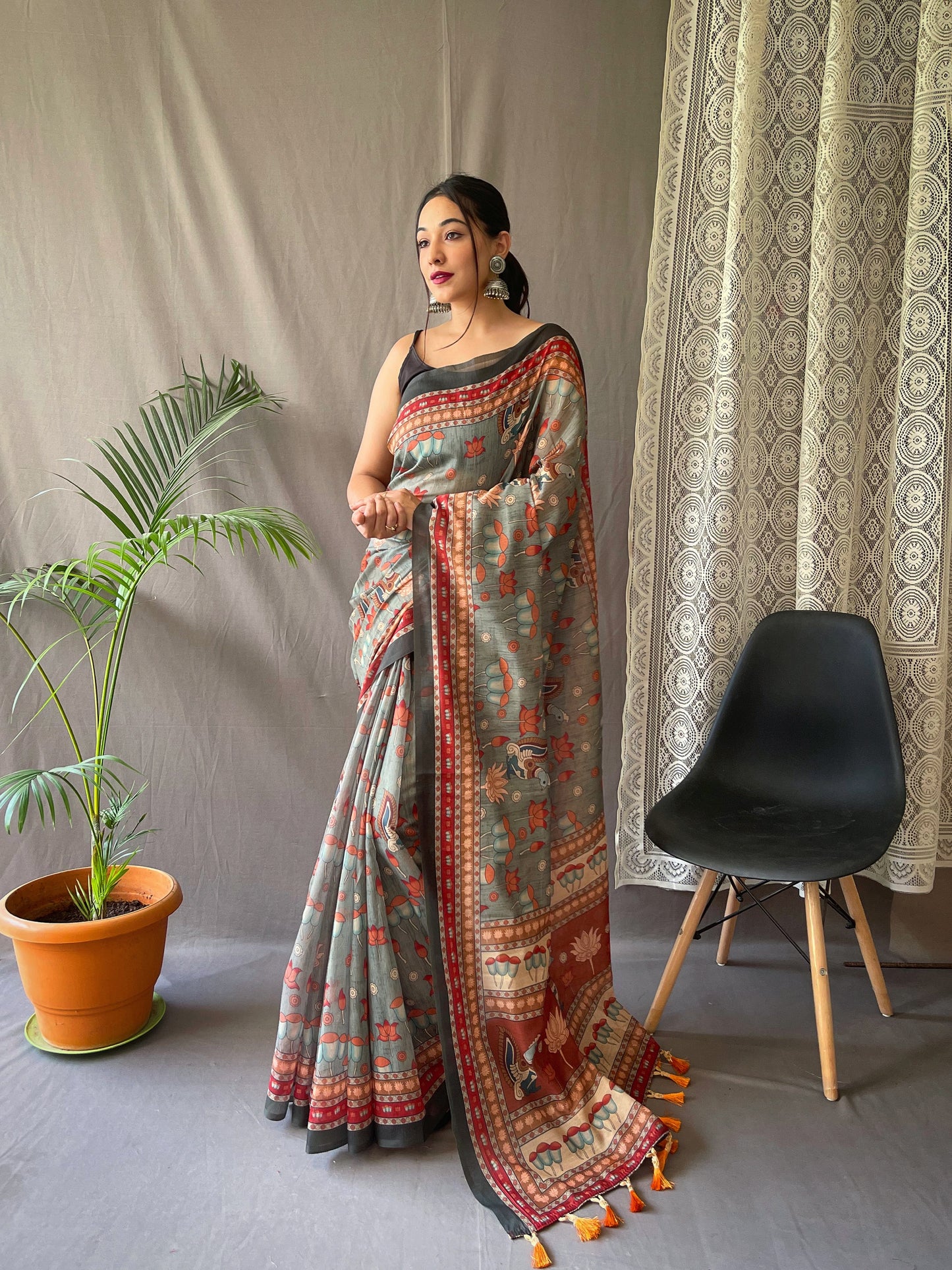 BEE GREEN KALAMKARI PRINTED COTTON SILK SAREE