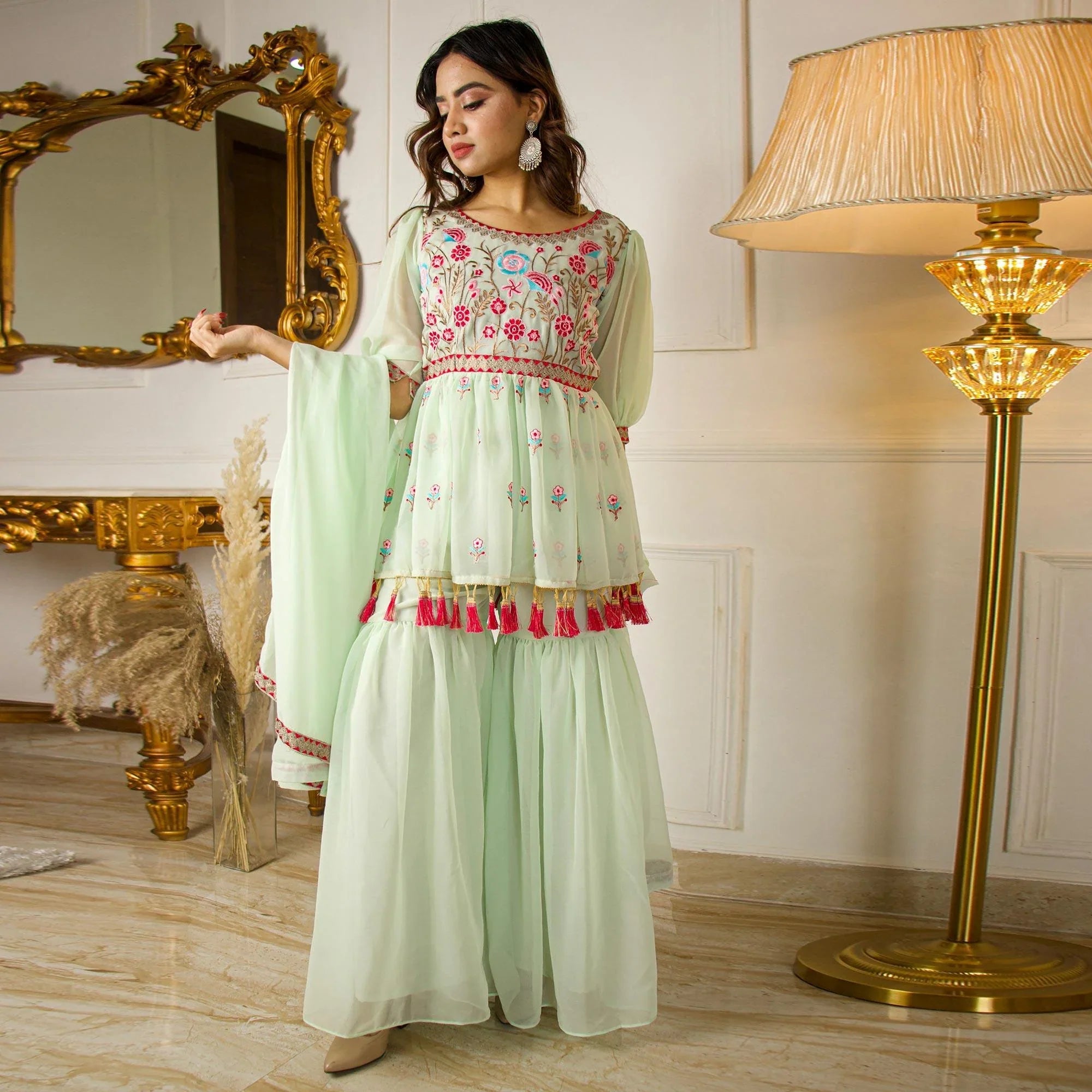 Pista Green Partywear Floral Embroidered Georgette Palazzo Suit With Dupatta