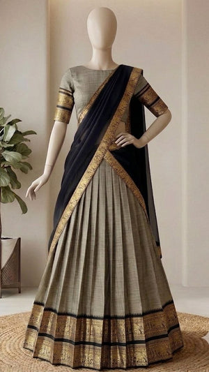 Beige Gold and Jet Black Kanci Cotton Zari Weaving Work South Indian Half Saree Langa Voni Set flat lay view by The Beauty Queen