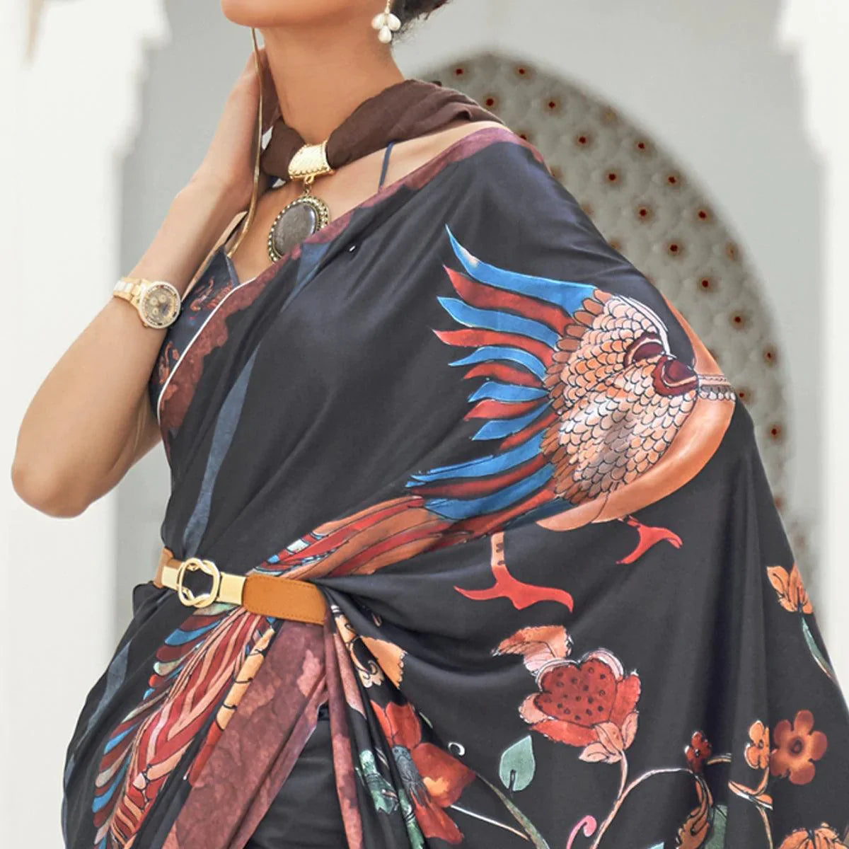 Black Partywear Floral Digital Printed Silk Saree