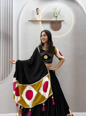 Model Posing In Black Pure Cotton Geometric Print And Gota Patti Work Navratri Lehenga Choli Set By The Beauty Queen