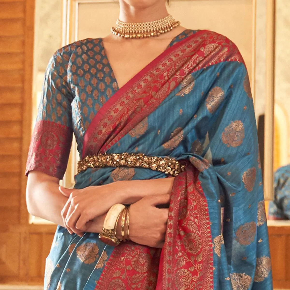Cadet Blue Tessar Silk Weaving Saree