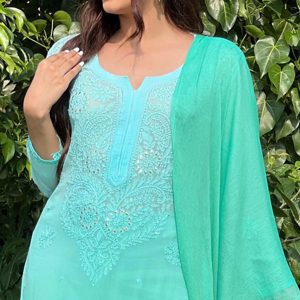 Blue Floral Lucknowi Embroidered & Mukaish Work Pure Georgette Kurti Pant Set With Dupatta