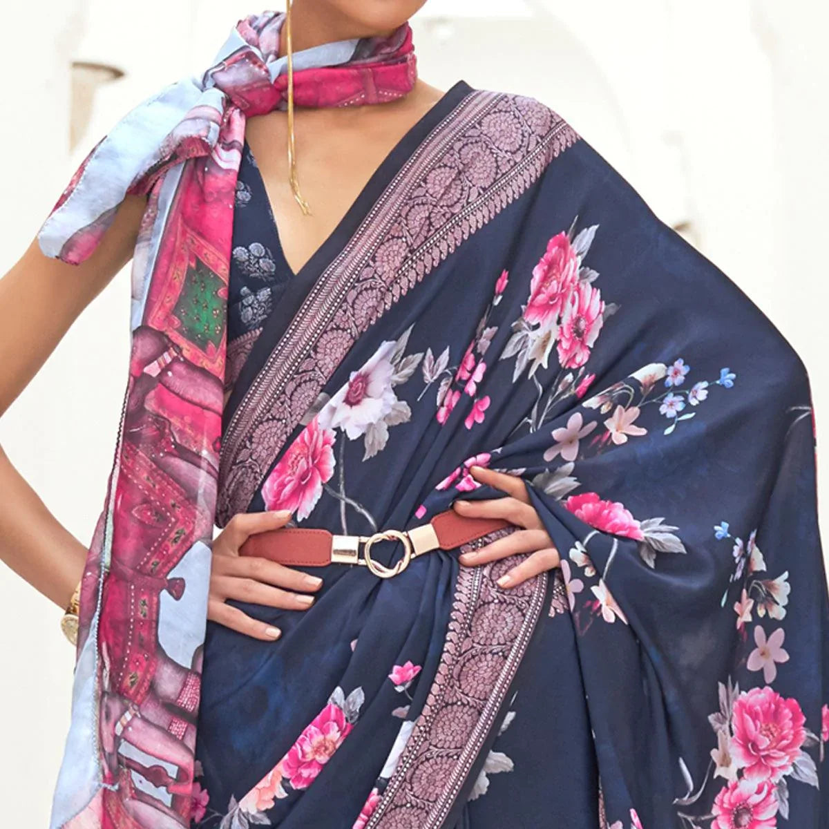 Blue Partywear Floral Digital Printed Silk Saree