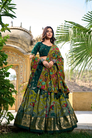 Bottle Green and Olive Green Tasar Silk Kalamkari Print with Foil Work Border Lehenga Choli Set by The Beauty Queen