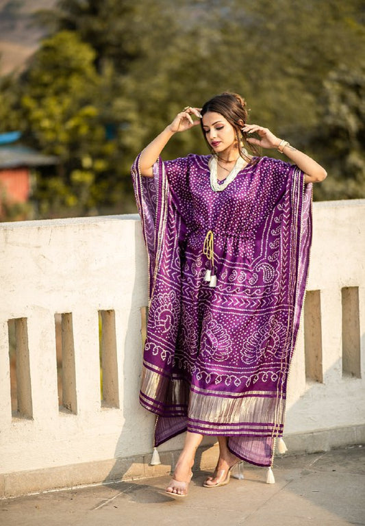 Wine Color Digital Bandhej Print Pure Gaji Silk Kaftan With Gota Patti Work Lace Border Gown