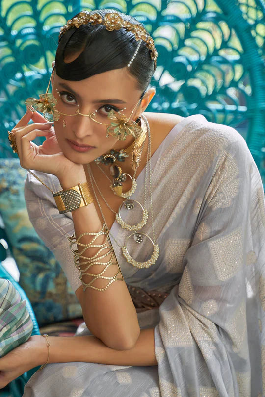 Metal Grey Woven-Sequence Handloom Silk Saree