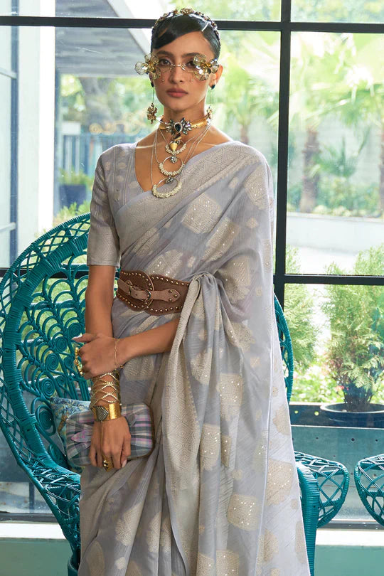 Metal Grey Woven-Sequence Handloom Silk Saree