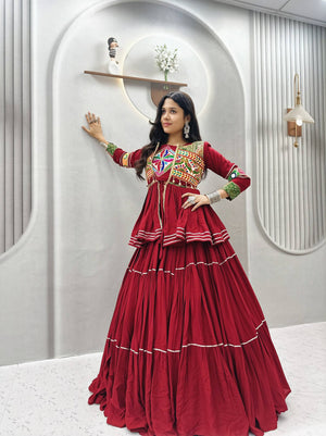Deep Maroon Pure Cotton Heavy Gamthi Work, Mirror Lace & Sikka Lace Navratri Lehenga Chol