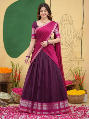Deep Eggplant Purple and Bright Pink Kanci Cotton Silk Silver Zari Weaving Work South Indian Half Saree Langa Voni Set flat lay view by The Beauty Queen