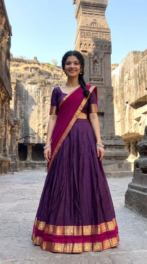 Deep Purple and Magenta Pink Kanci Cotton Zari Weaving Work South Indian Half Saree Langa Voni Set flat lay view by The Beauty Queen