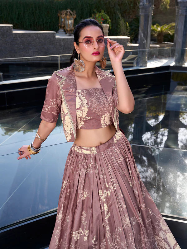 Onion Pink Tasar Silk Floral Print Lehenga – Fully Stitched with Canvas & Can-Can for Grand Flair